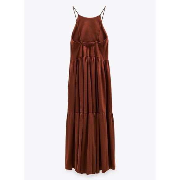 Zara Tiered Cotton Maxi Dress Terracotta Brick Backless Spaghetti Strap Midaxi - Picture 3 of 10